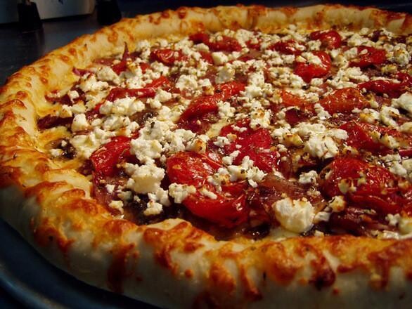 Roasted Tomato Pizza with salami and olives