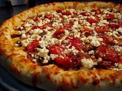 Roasted Tomato Pizza with salami and olives