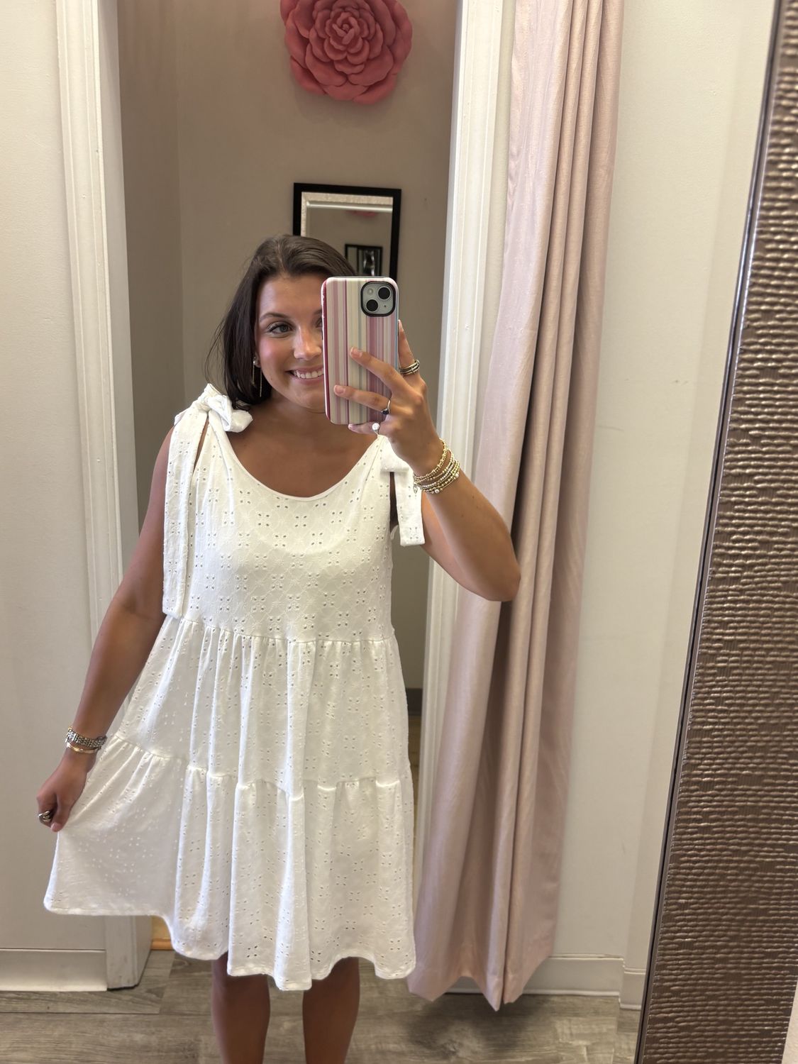 White Solid midi dress with tiered design and tie at shoulder