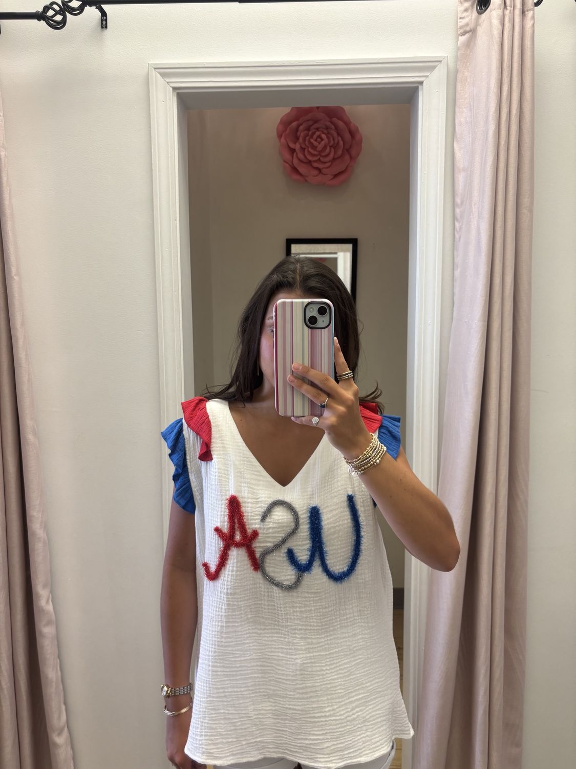 BiBi USA Metallic tinsel lettering color block crinkle gauze top