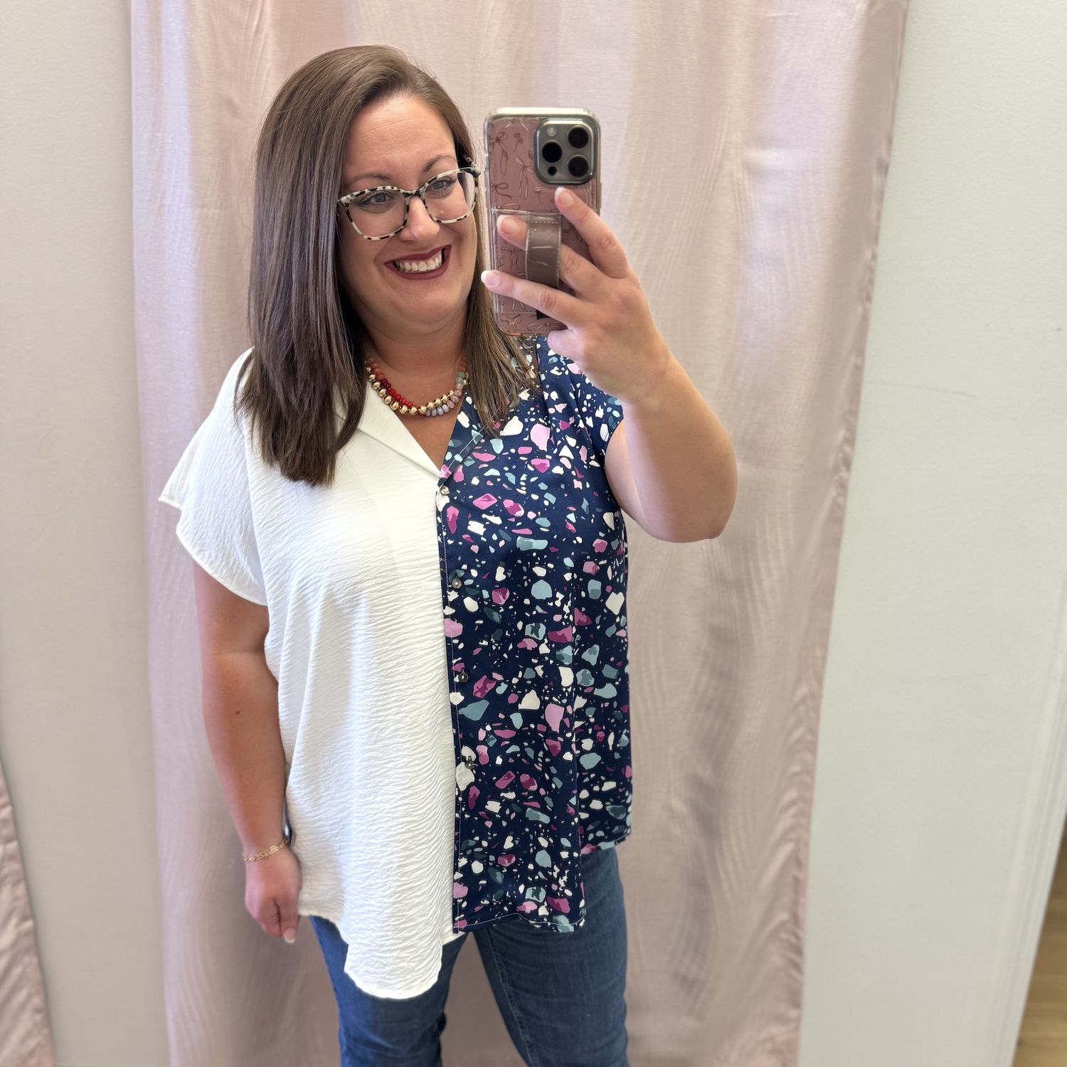 Navy Printed Button Up Blouse