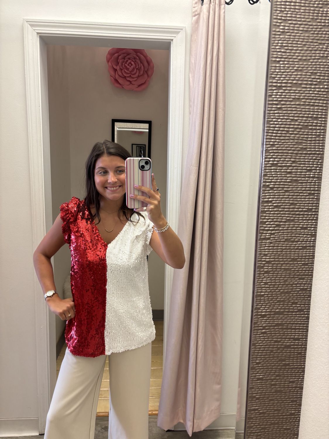 BiBi Red/White Gameday Sequin Top