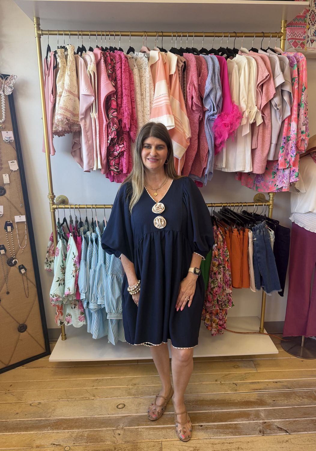 Navy Dress w/Rosettes