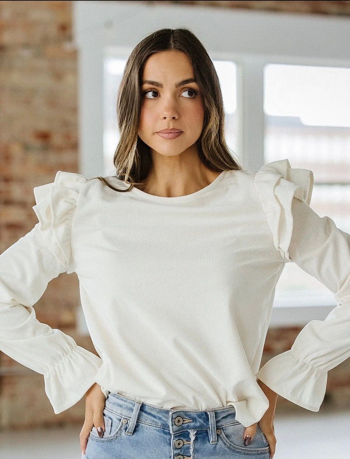 Jadie Corduroy Top, Ivory long sleeve with ruffle at shoulders and cuff