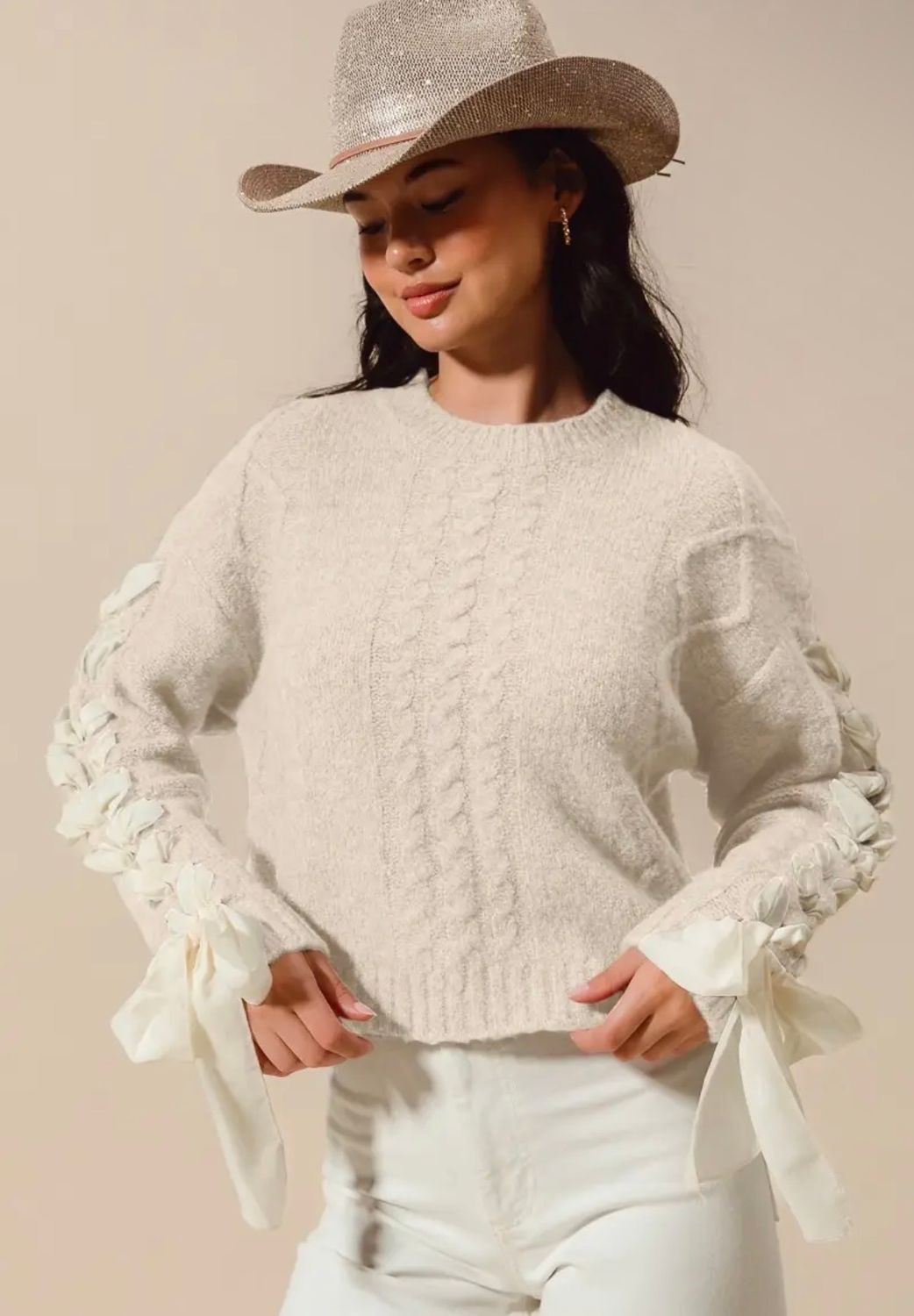Lace Up Ribbon Sweater, knitted long sleeve sweater with ribbon laced up detail on sleeves, ribbon ties at wrists