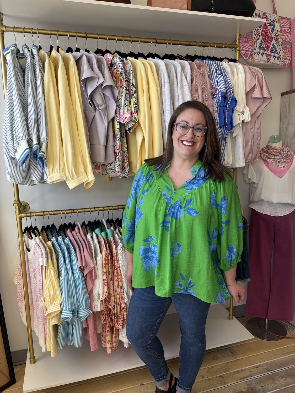 blue and green Floral 3/4 Length sleeve v neck Blouse