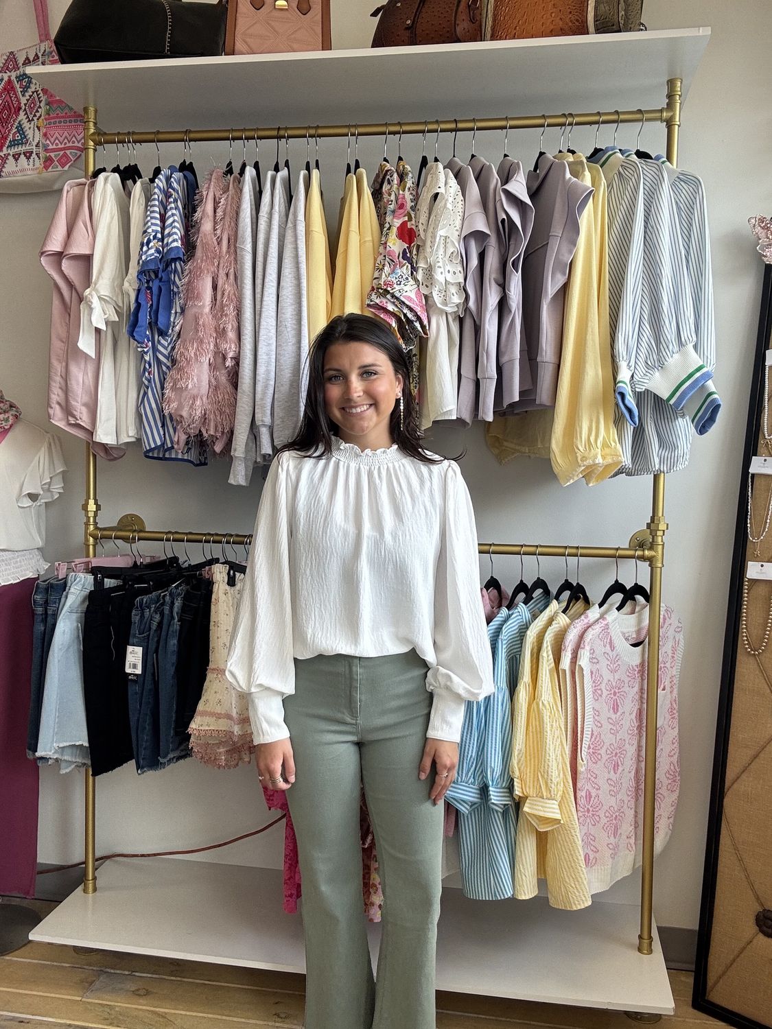 White Smocked Neck Blouse