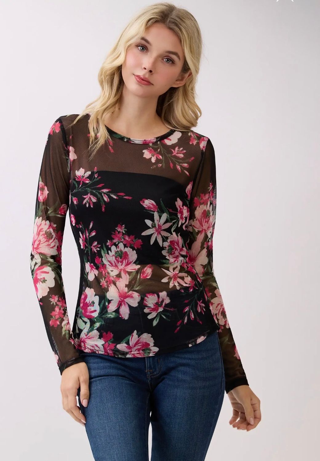 Black Floral Mesh Top