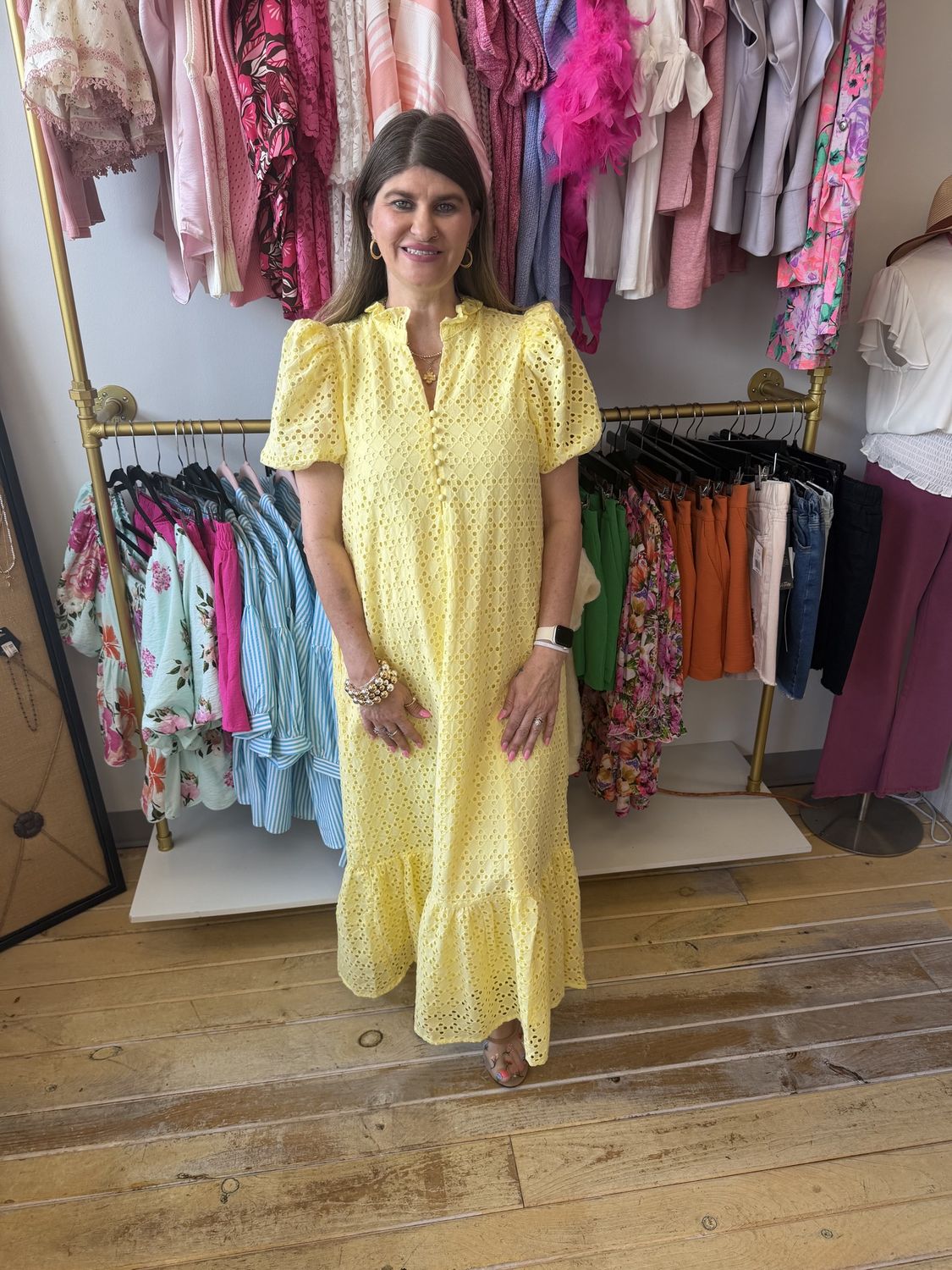 Eyelet Long Dress with puff sleeve button down the chest v-neck slight ruffle neck