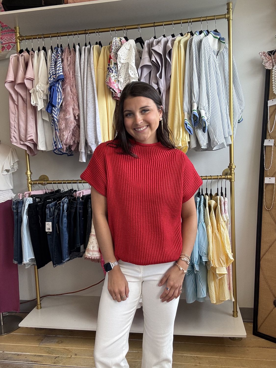 Red  Cap Sleeved Knit Sweater