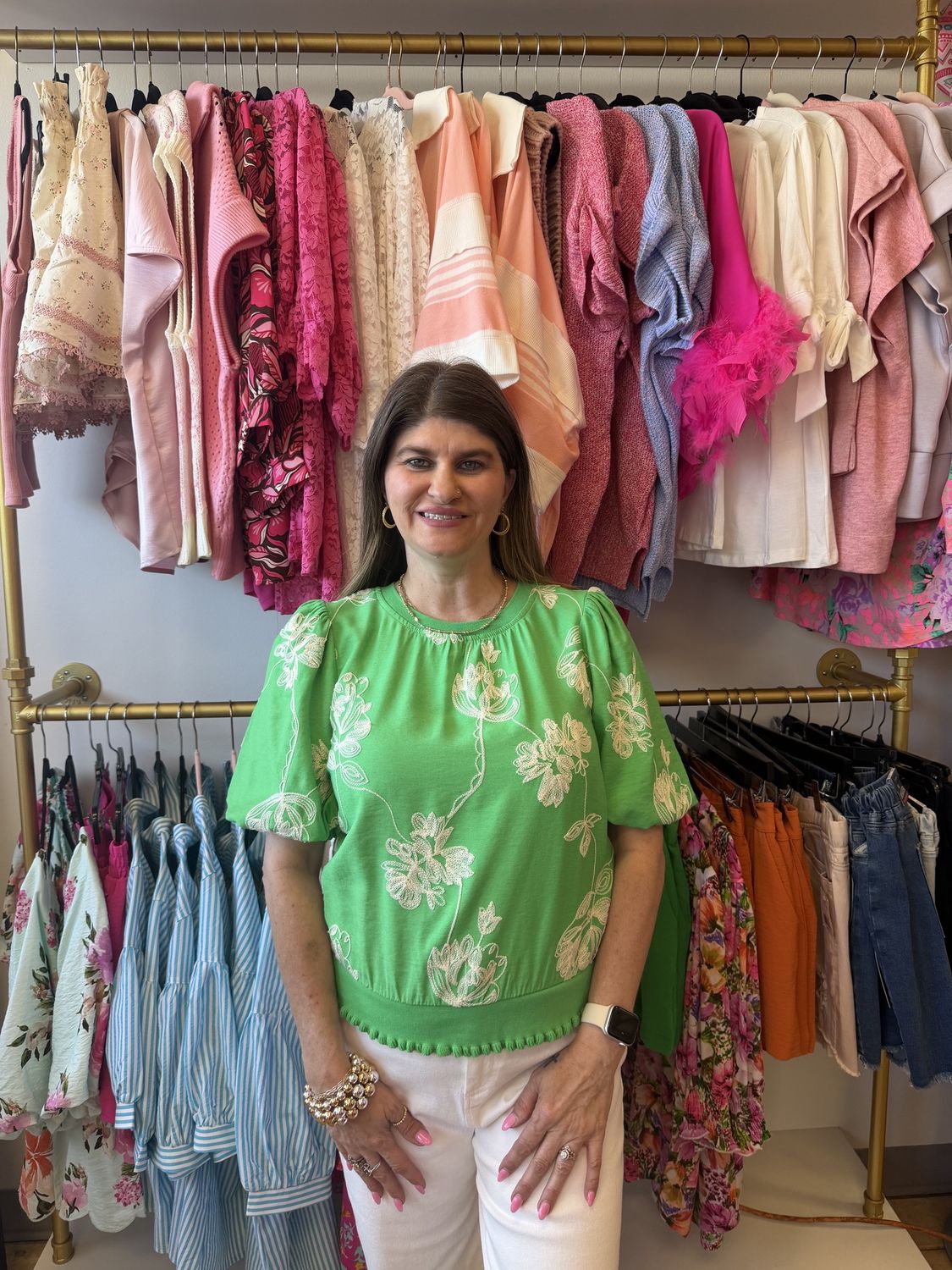 Green White Embroidered Floral Top