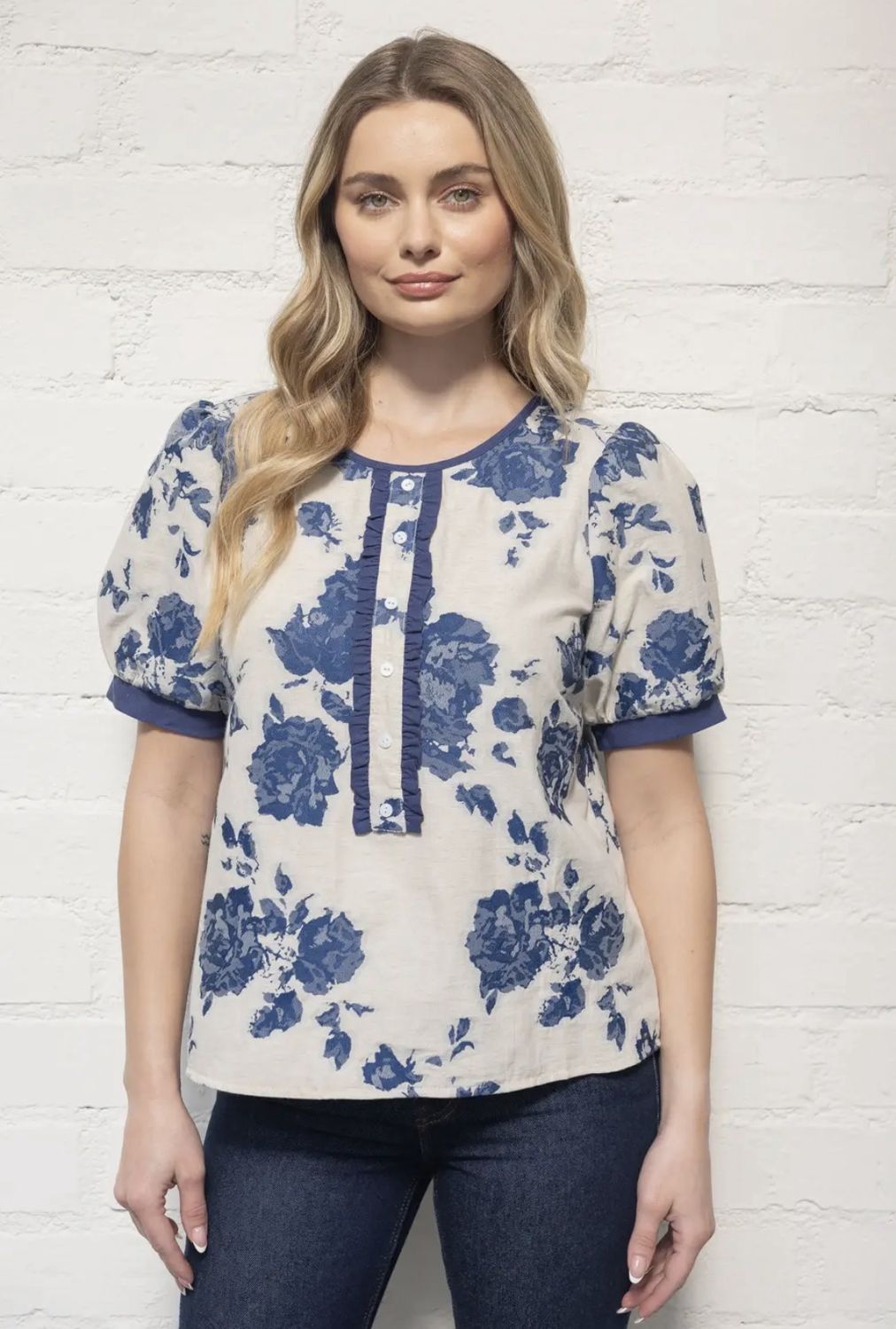Navy jacqaurd blouse