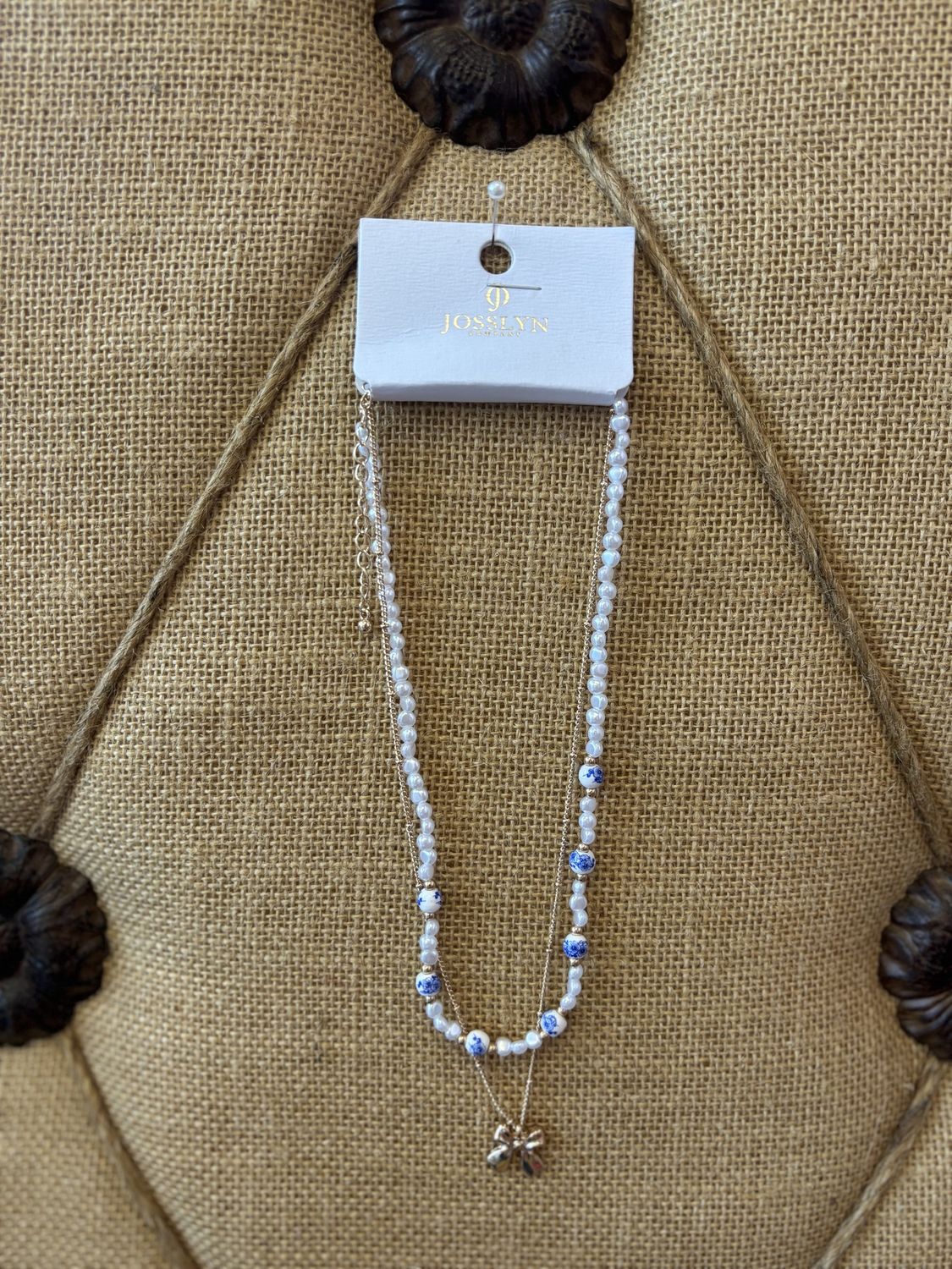 Blue Bow Floral Gold Bow Necklace