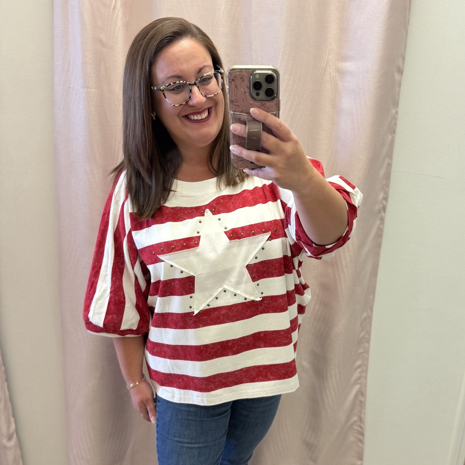 Red Striped Star Applica Top
