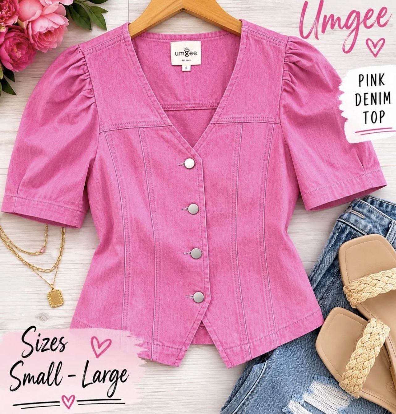 Pink  Denim Puff Sleeve Top