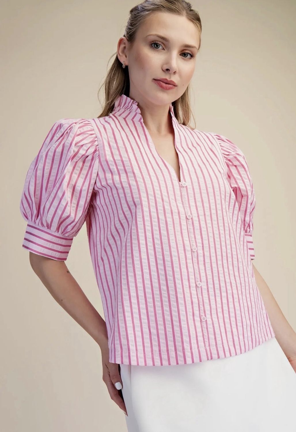 Pink Striped Ruffle Blouse
