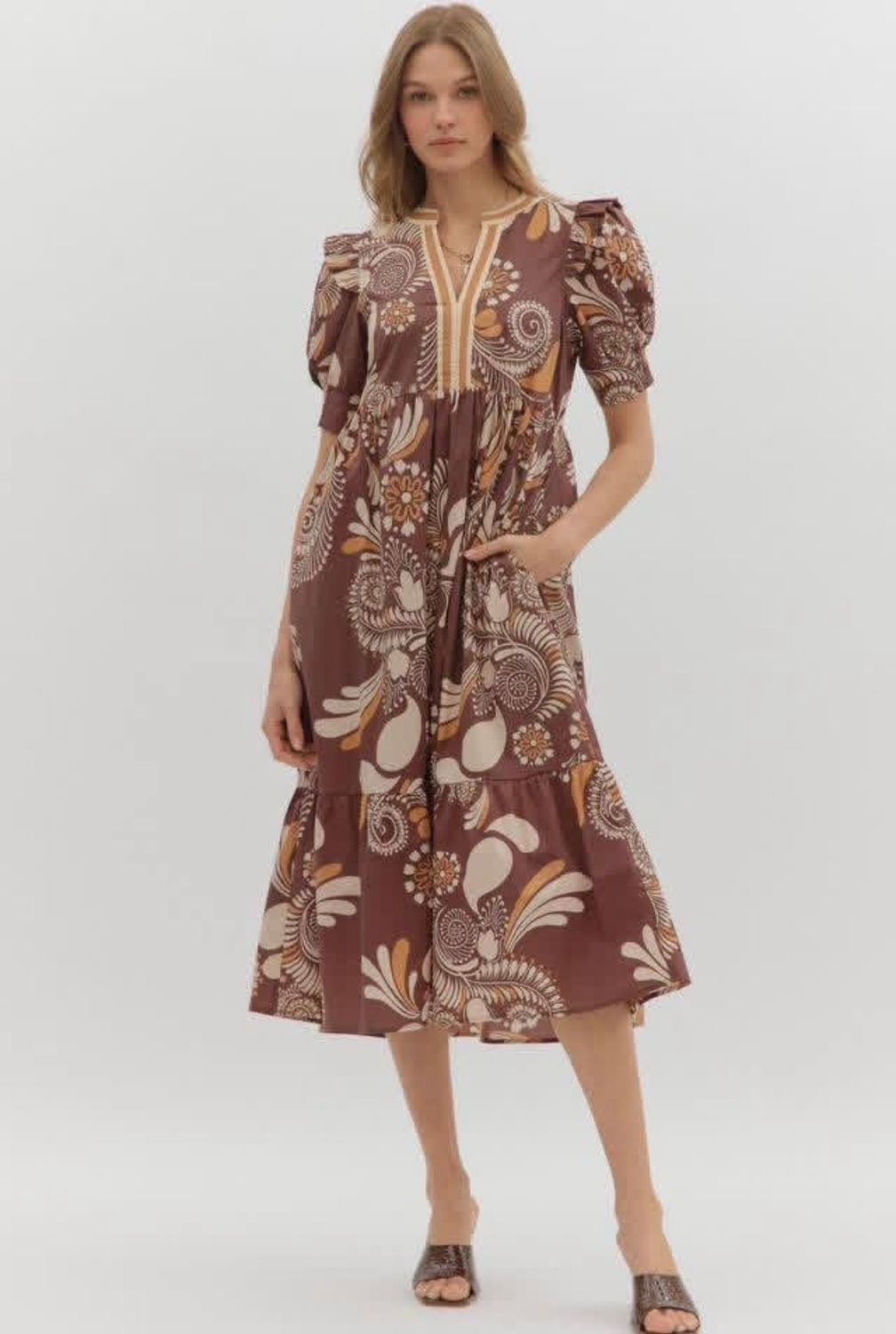 Brown Floral Midi Dress