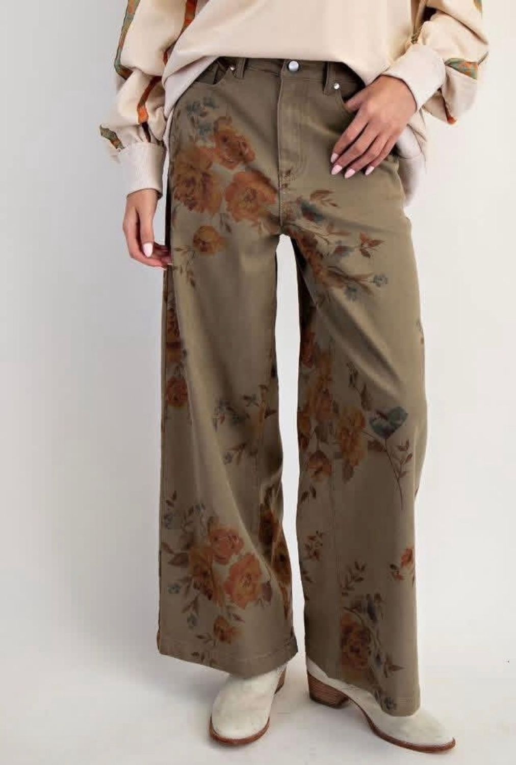 Brown Floral Printed Jeans