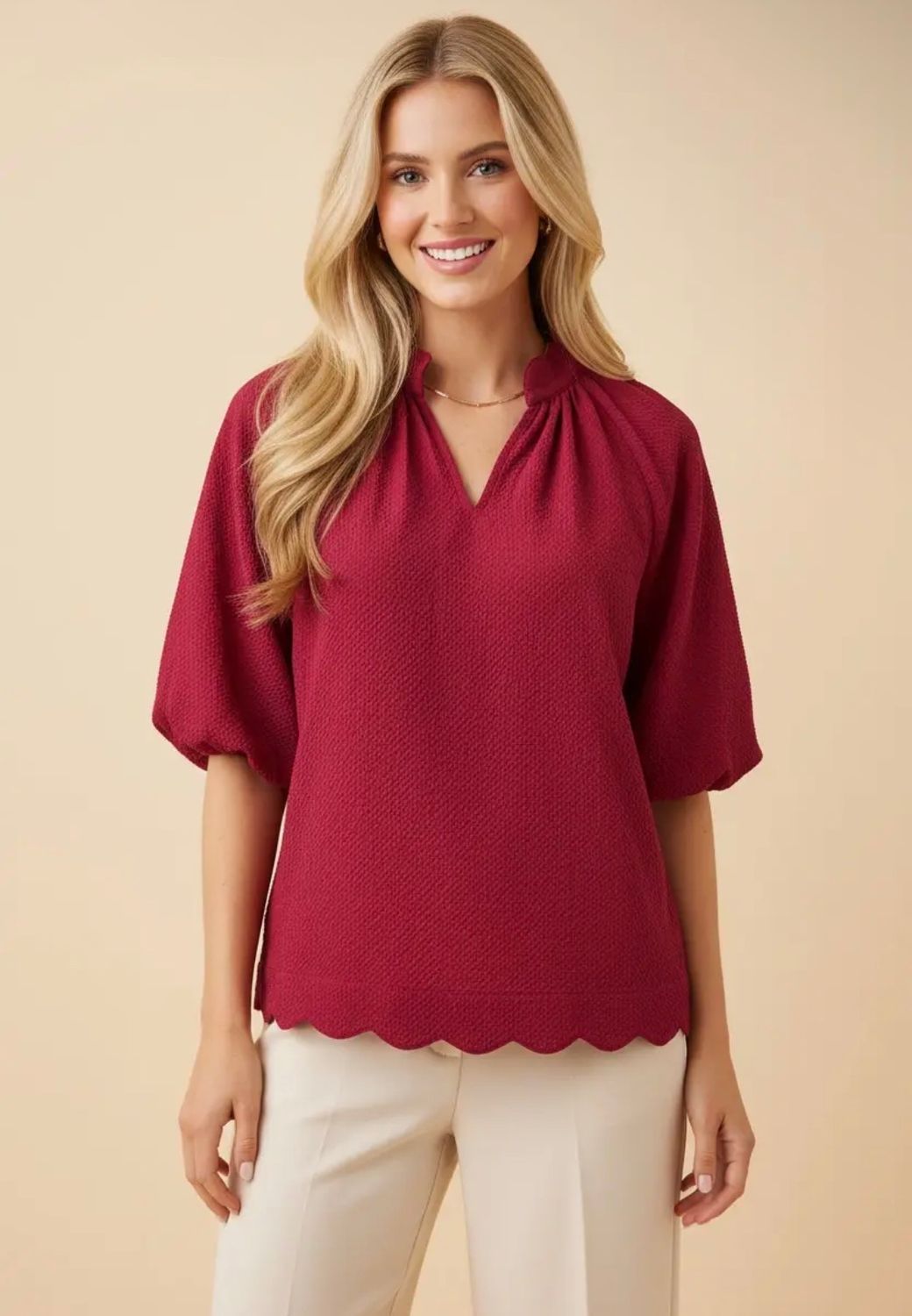 Red Scalloped Puff Sleeve Top