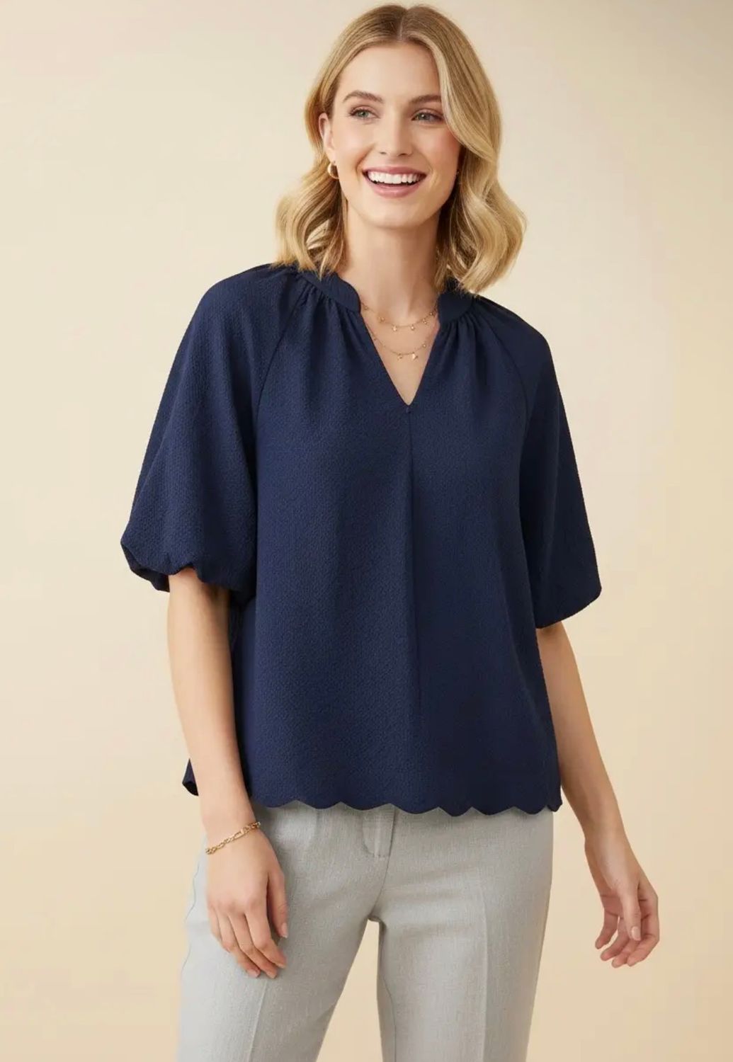 Navy Scalloped Puff Sleeve Top