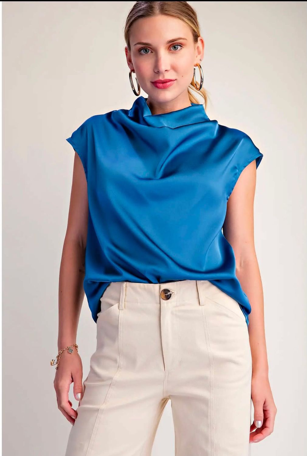 Blue Mock neck Satin Blouse