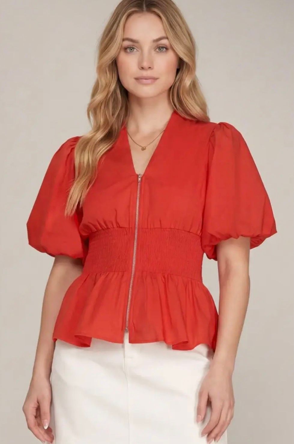 Red Puff Sleeve Blouse