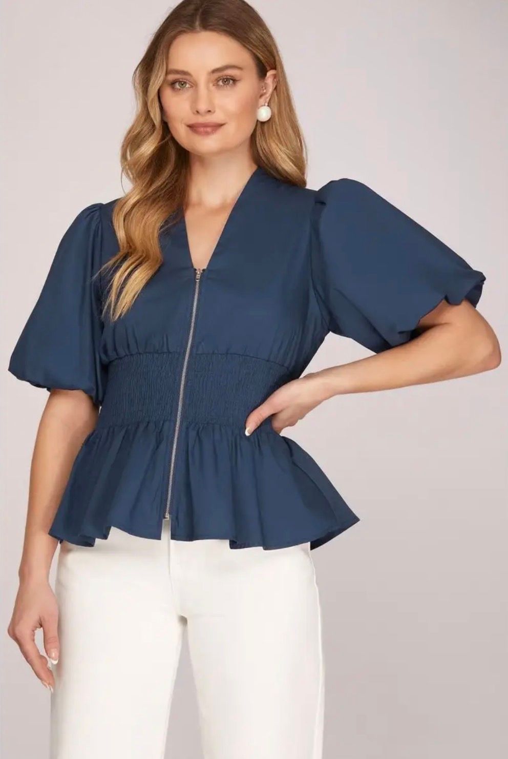Navy Puff Sleeve Blouse