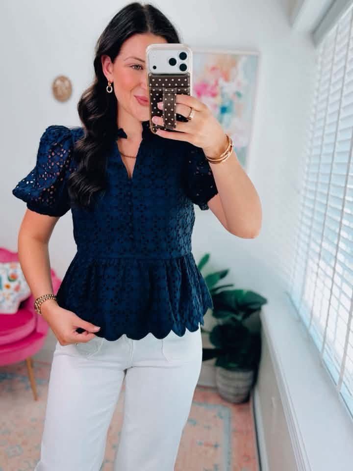 Navy Eyelet Peplum Blouse