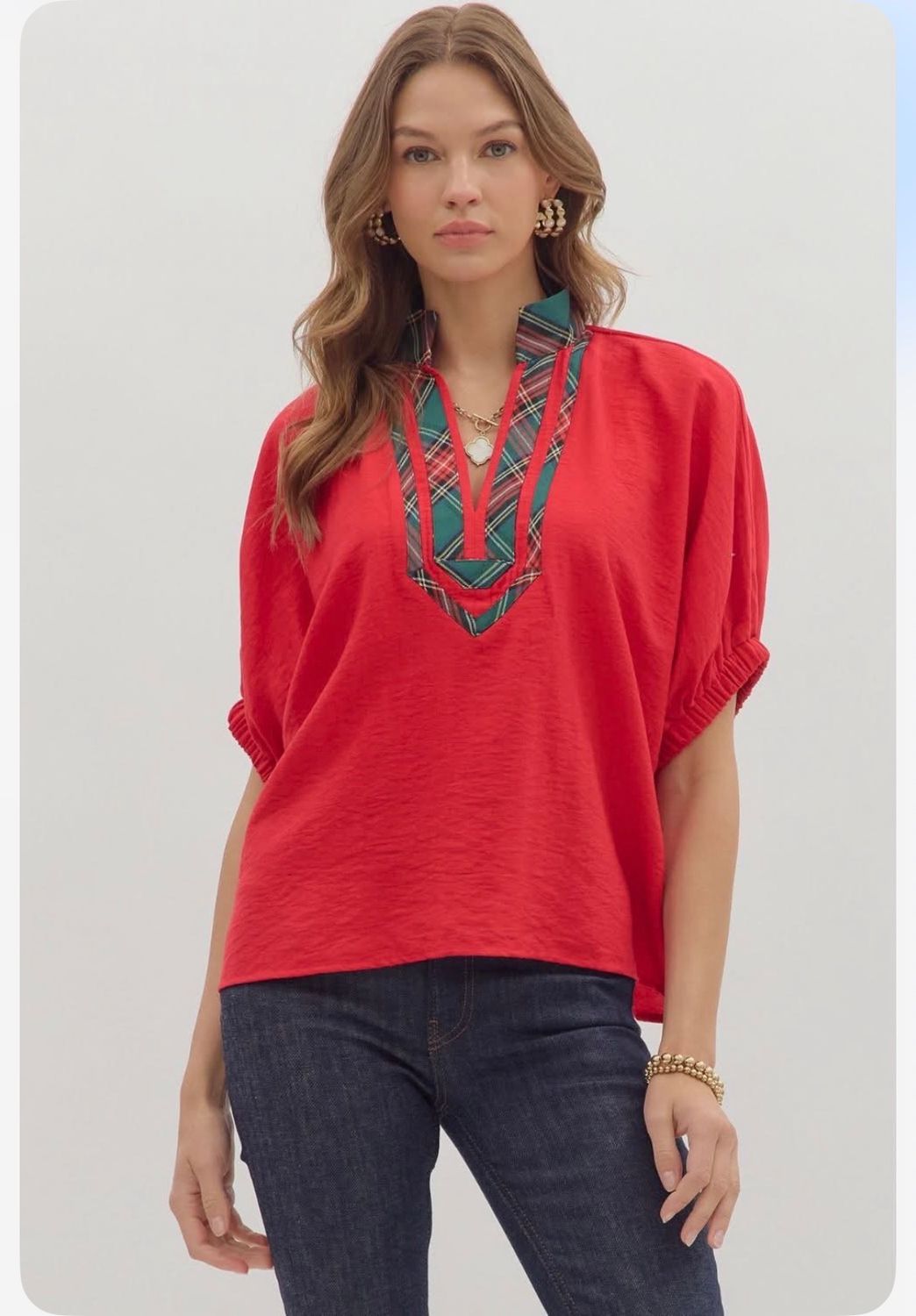 Red Plaid Dolman Top