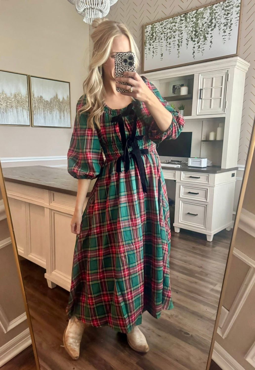 Plaid Bow Dress Green