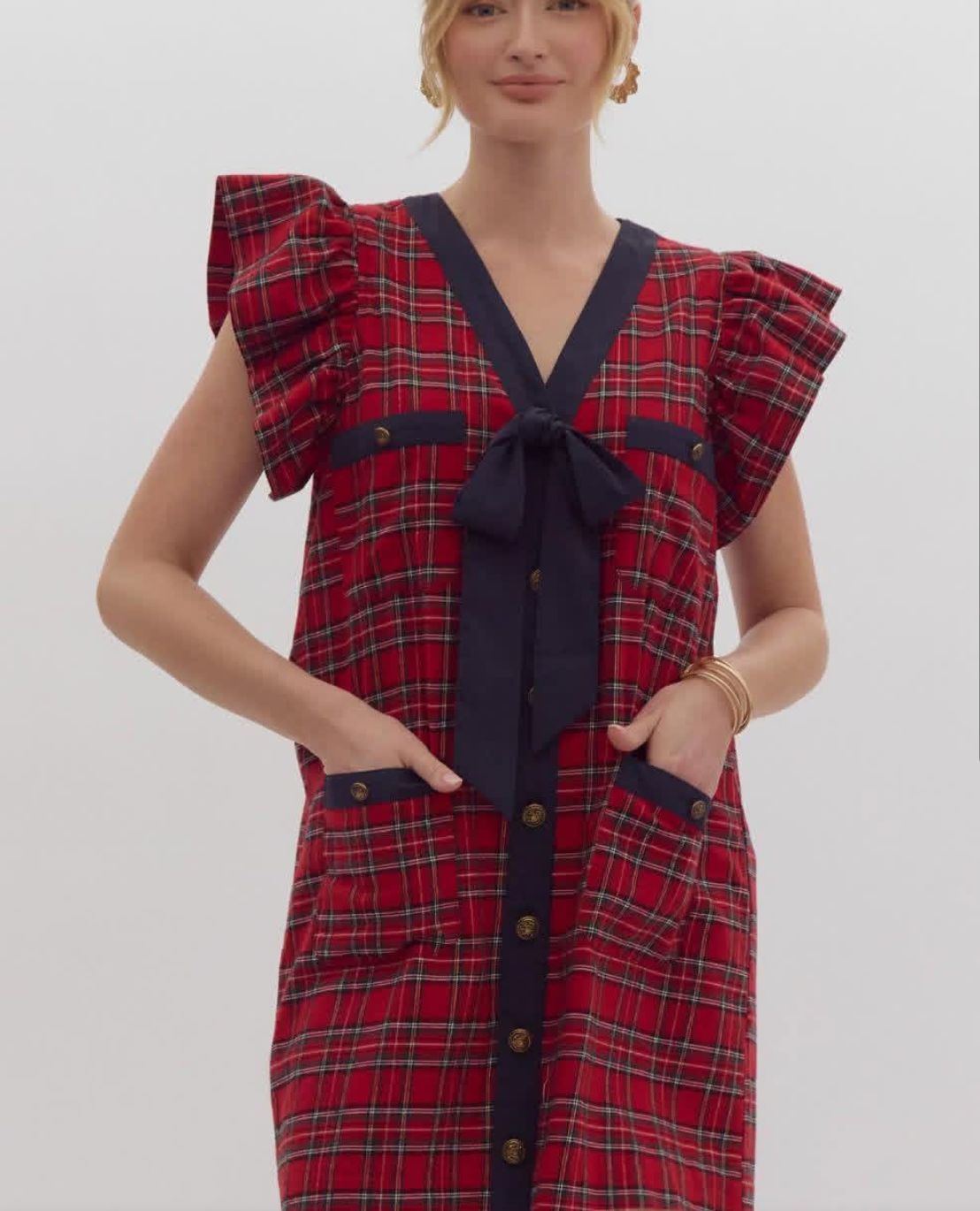 Bow Button Plaid Dress