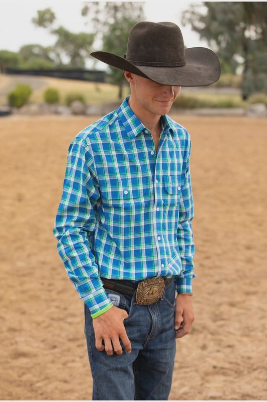 Black Colt Burenda Men's Full Button Shirt - Blue/Green/White Check