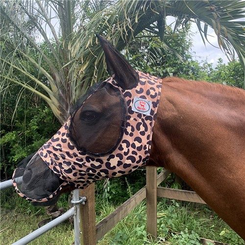 Kool Master lycra fly mask with skirt in leopard print, Size: Cob
