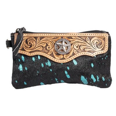 Fort Worth Cowhide Leather Purse Black/Turquoise