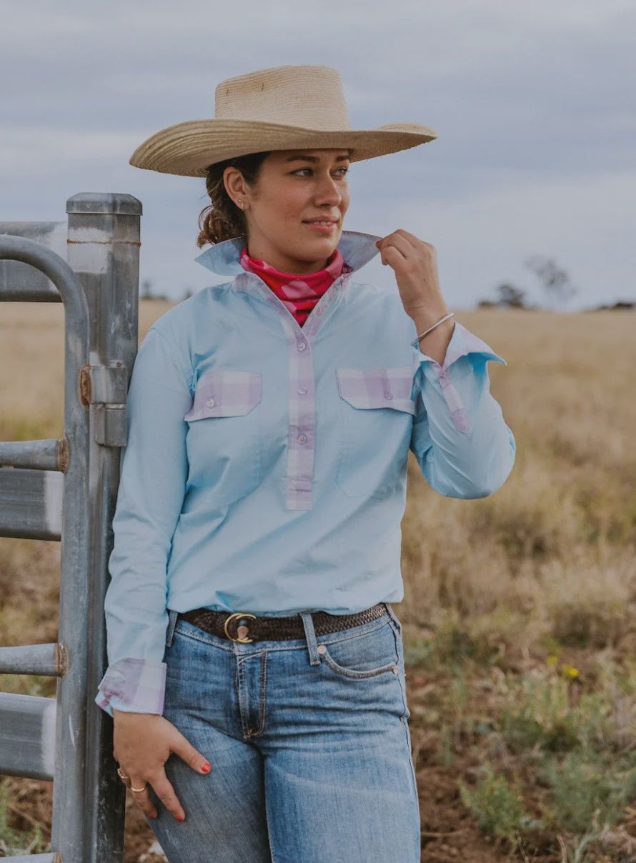 Ladies blue half button shirt