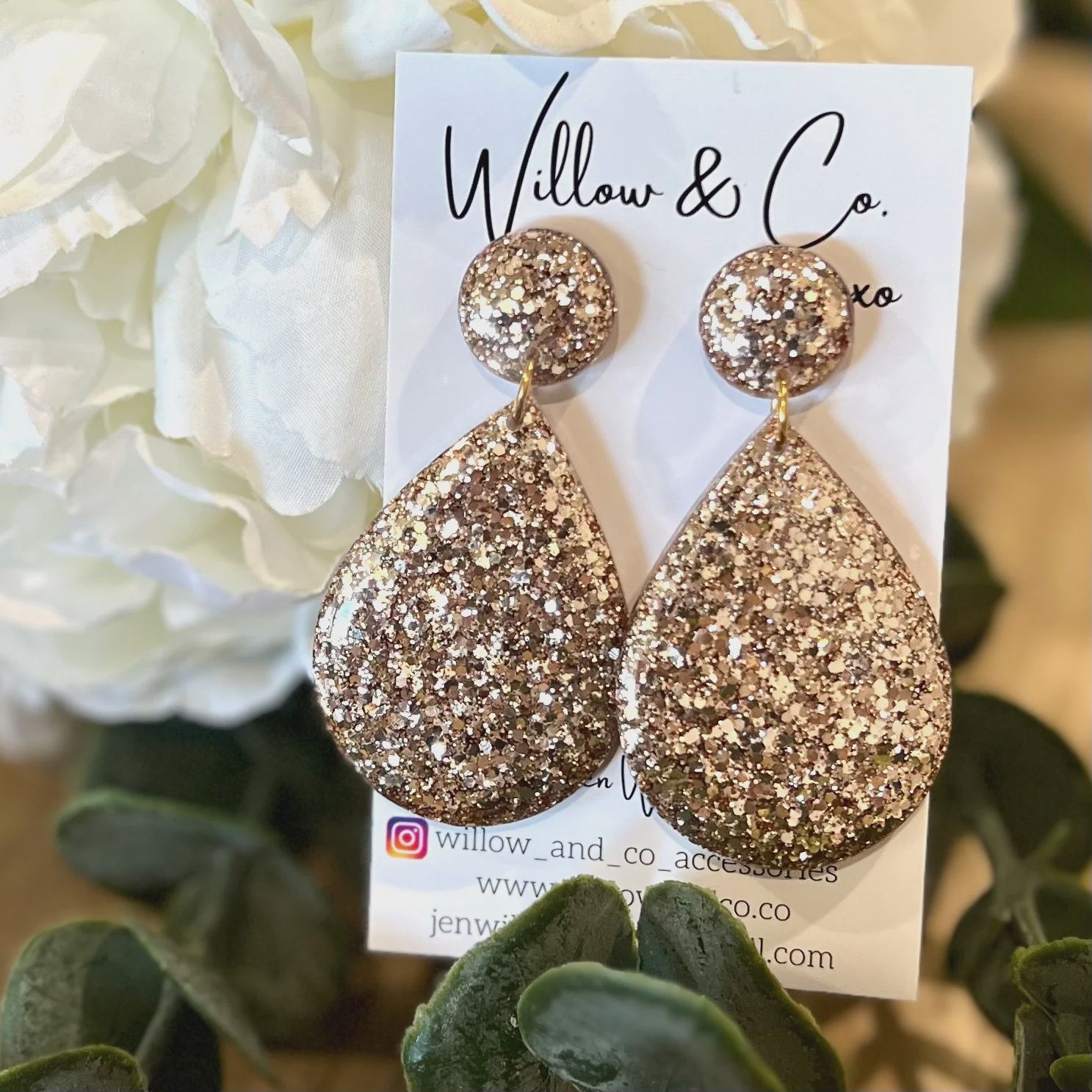 Willow and Co. gold glitter large dangle earrings