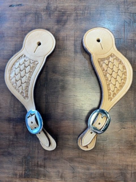 Hand tooled fitted leather spur straps