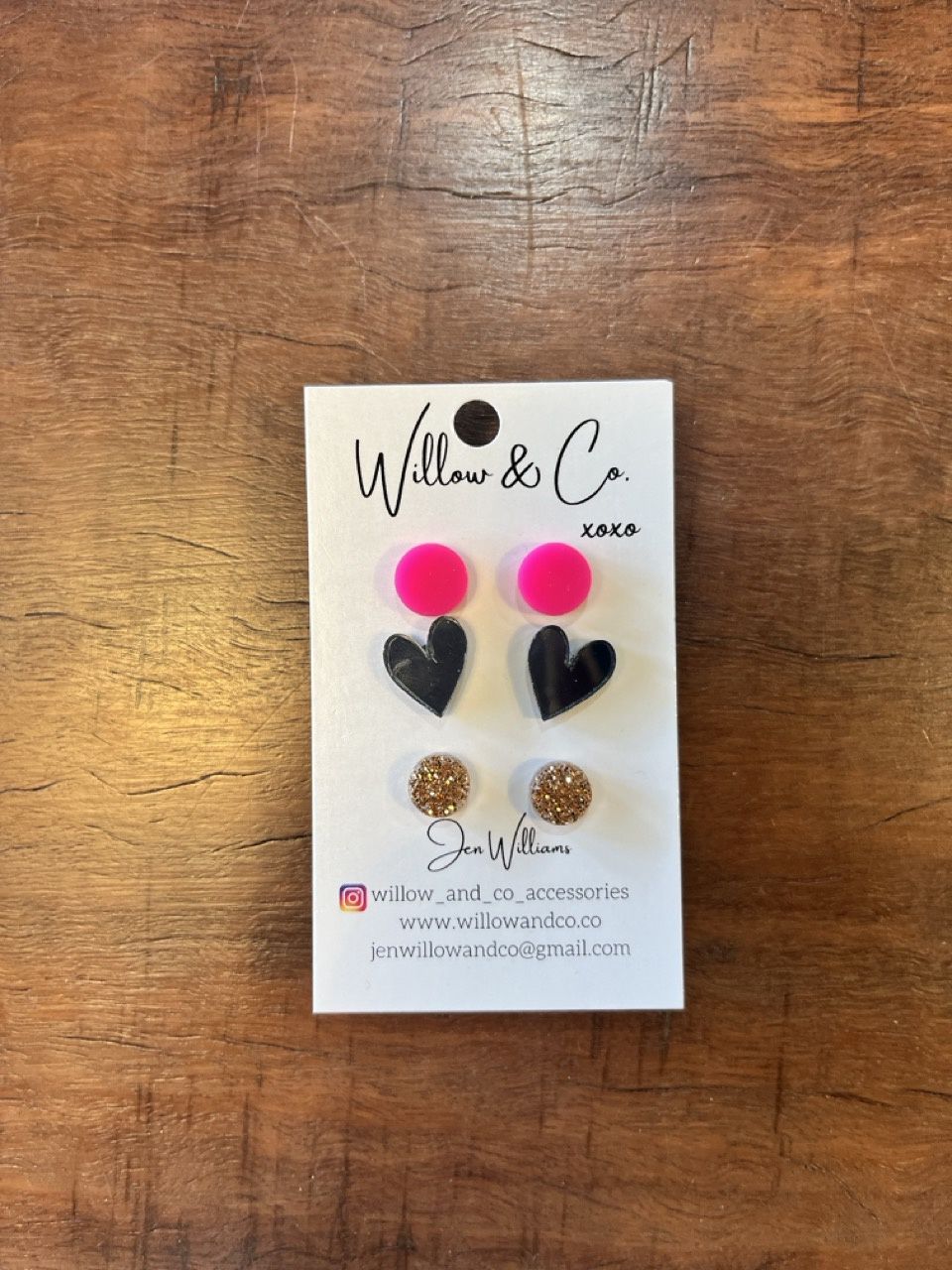Willow &amp; Co trio stud pack - pink, hearts &amp; gold