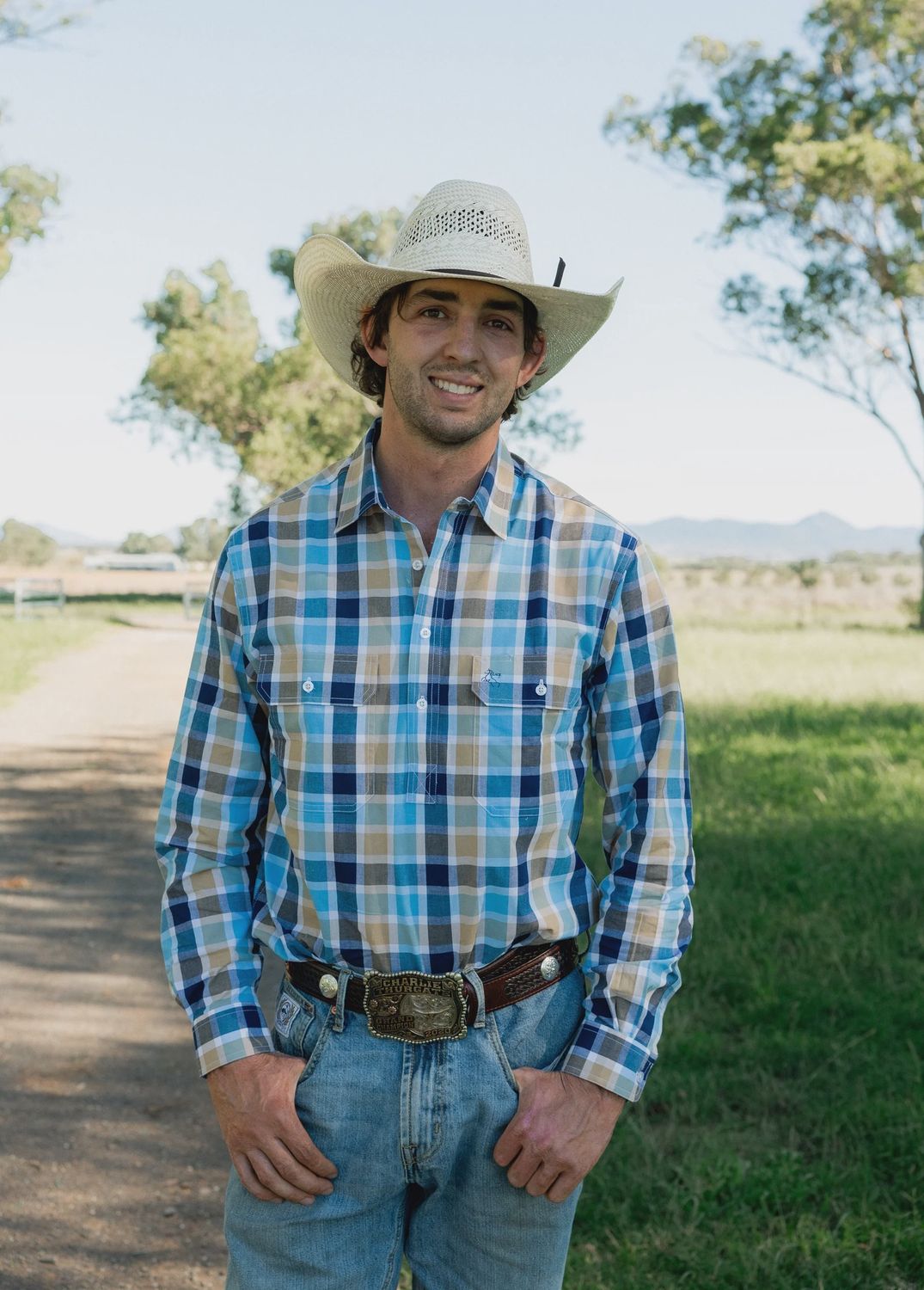 Black Colt men&#39;s half button blue &amp; navy check