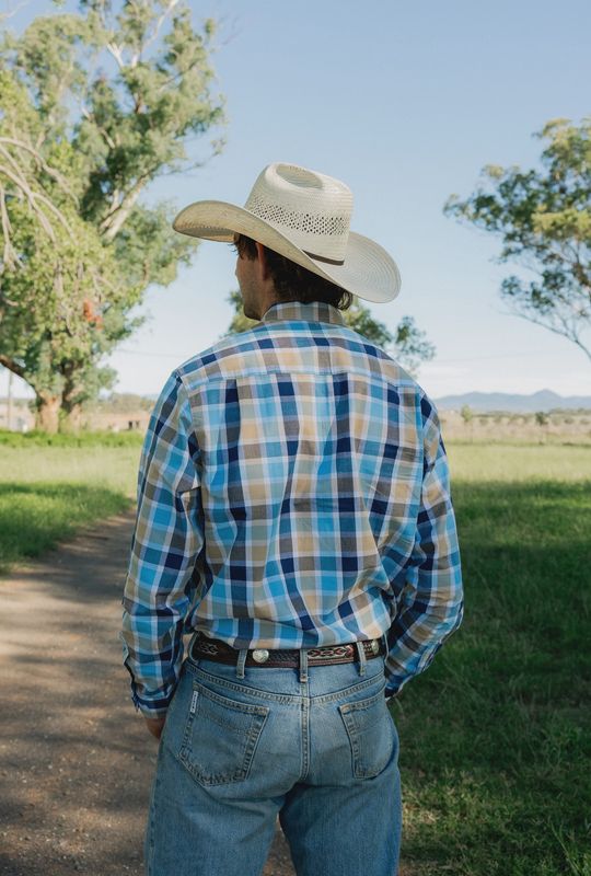Black Colt men's half button blue &amp; navy check