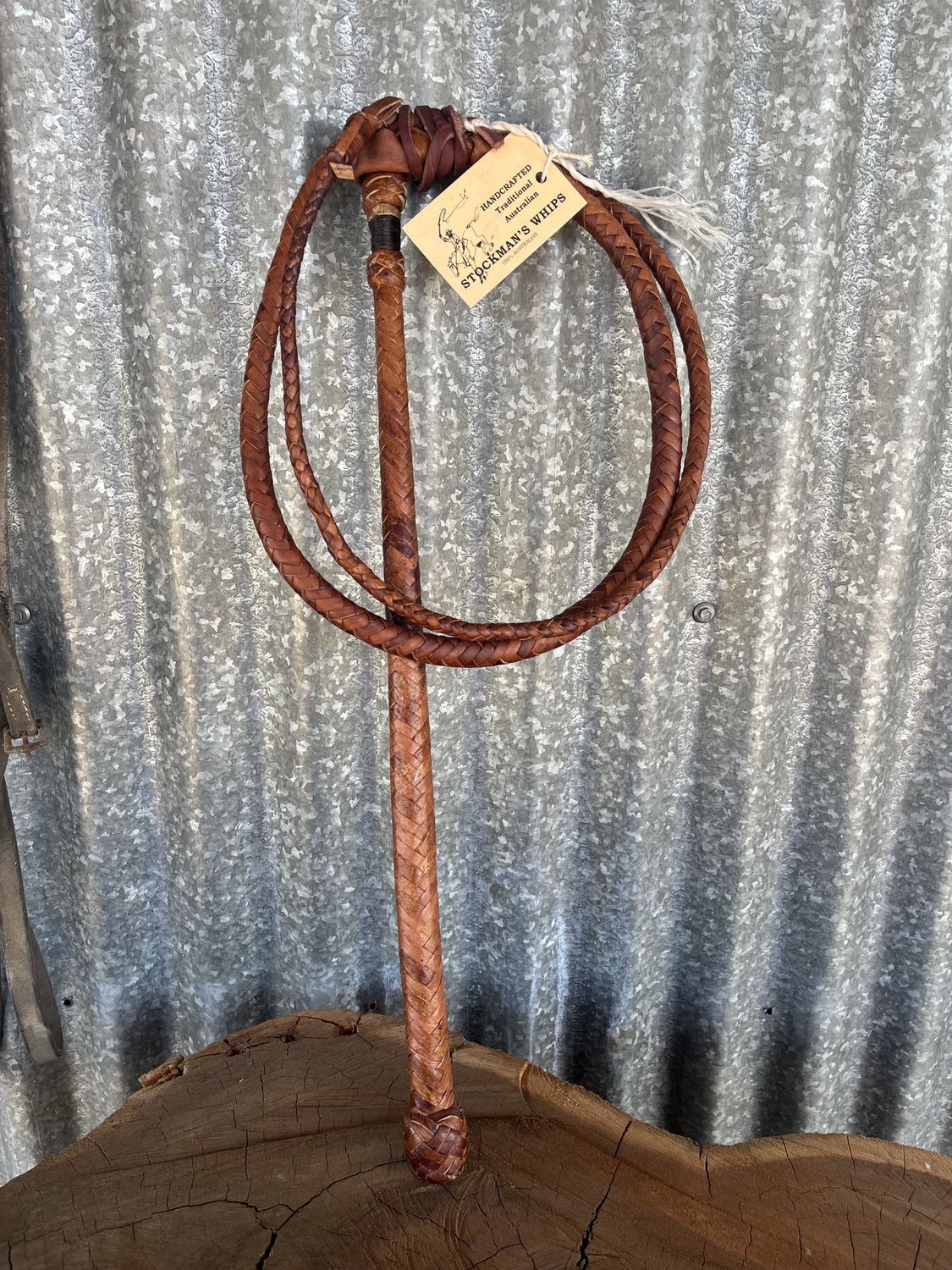 8 plait kangaroo hide stockwhip, Style: Brown leather / full handle / 5&#39;0
