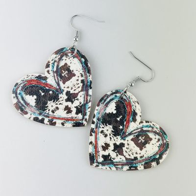 Leather Heart Drop Earrings - cow print