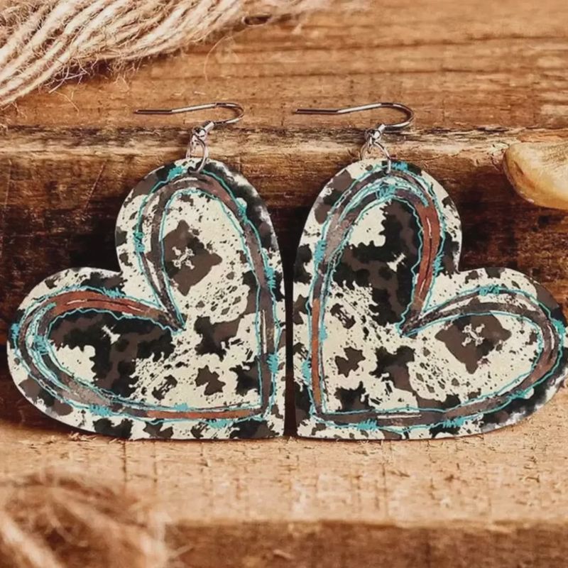 Leather Heart Drop Earrings - cow print