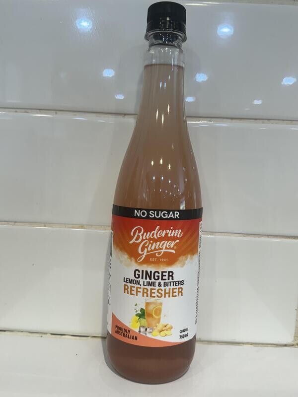 BUDERIM - Ginger Lemon/Lime No Sugar Refresher Cordial 750ml bottle, Each