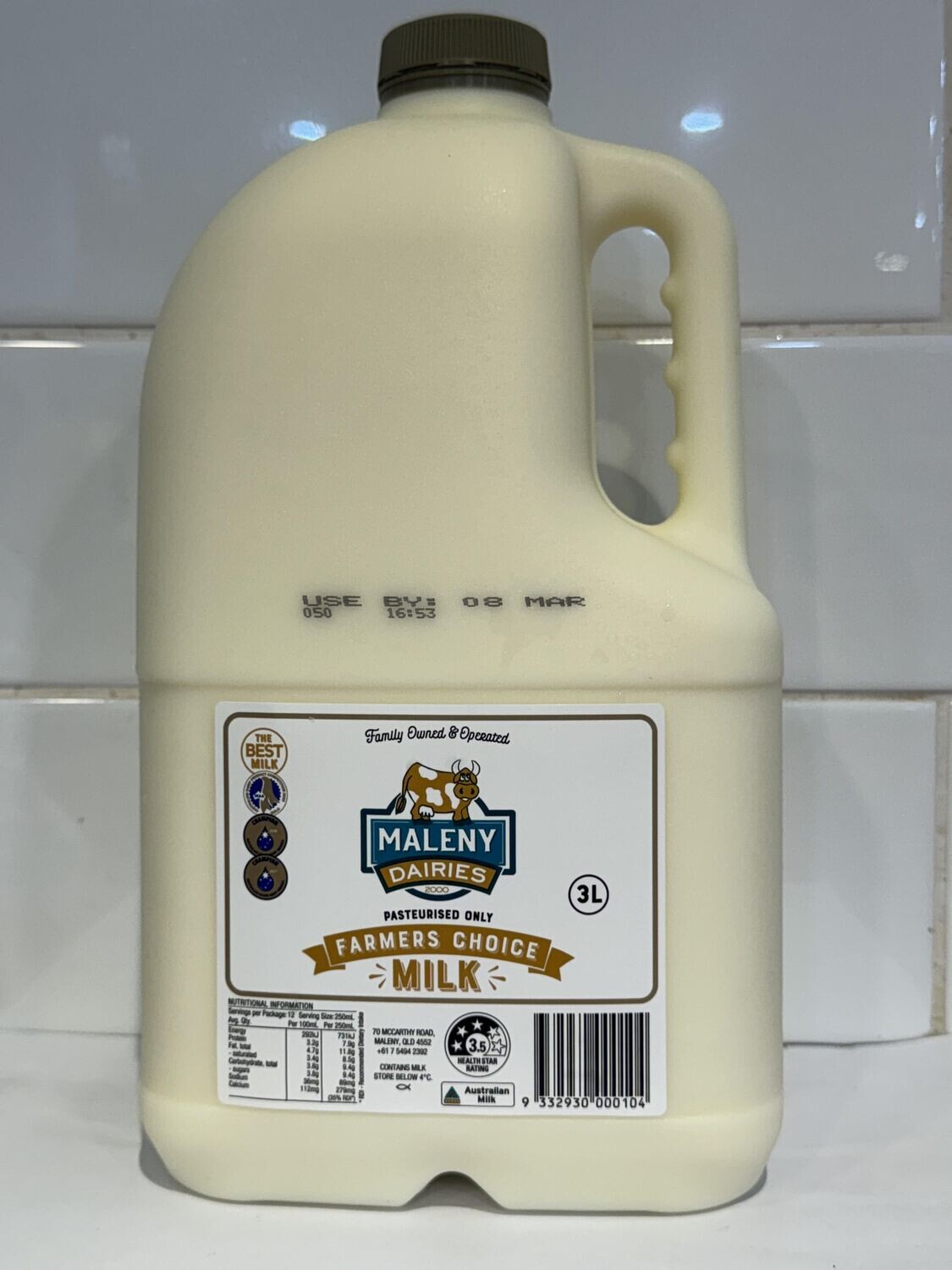 MALENY DAIRIES - 3L Farmers Choice Milk Pasteurised only, Each