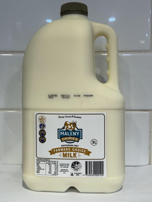 MALENY DAIRIES - 3L Farmers Choice Milk Pasteurised only, Each
