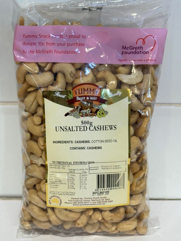 YUMMY SNACKS  - 500g Unsalted Cashews