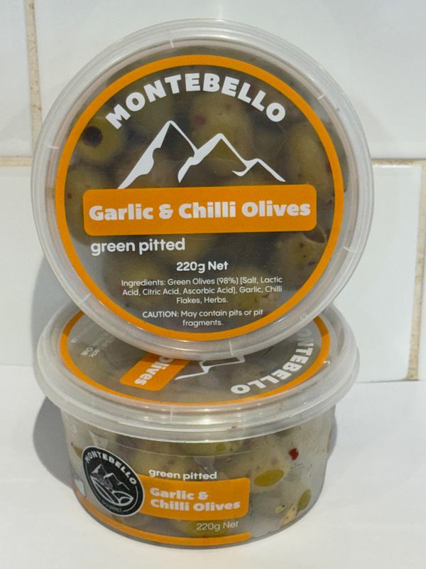 MONTEBELLO -  Garlic and Chilli Olives 220G tub, Each