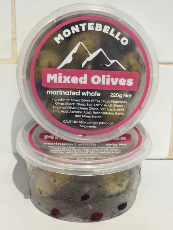 MONTEBELLO - Marinated Whole Mixed Olives 220g tub, Each