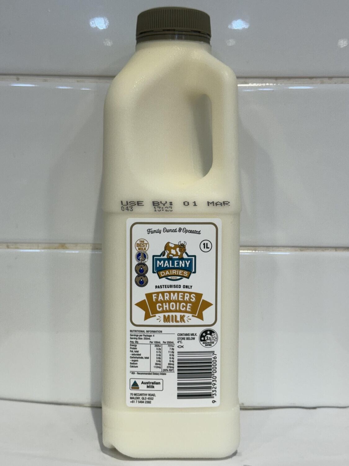 MALENY DAIRIES - 1L Farmers Choice Milk, Each.